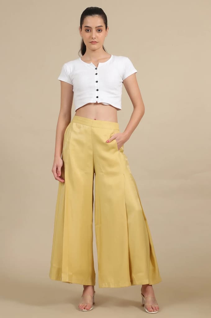 Yellow Solid Flared Rayon Palazzo With Pleats — photo 5