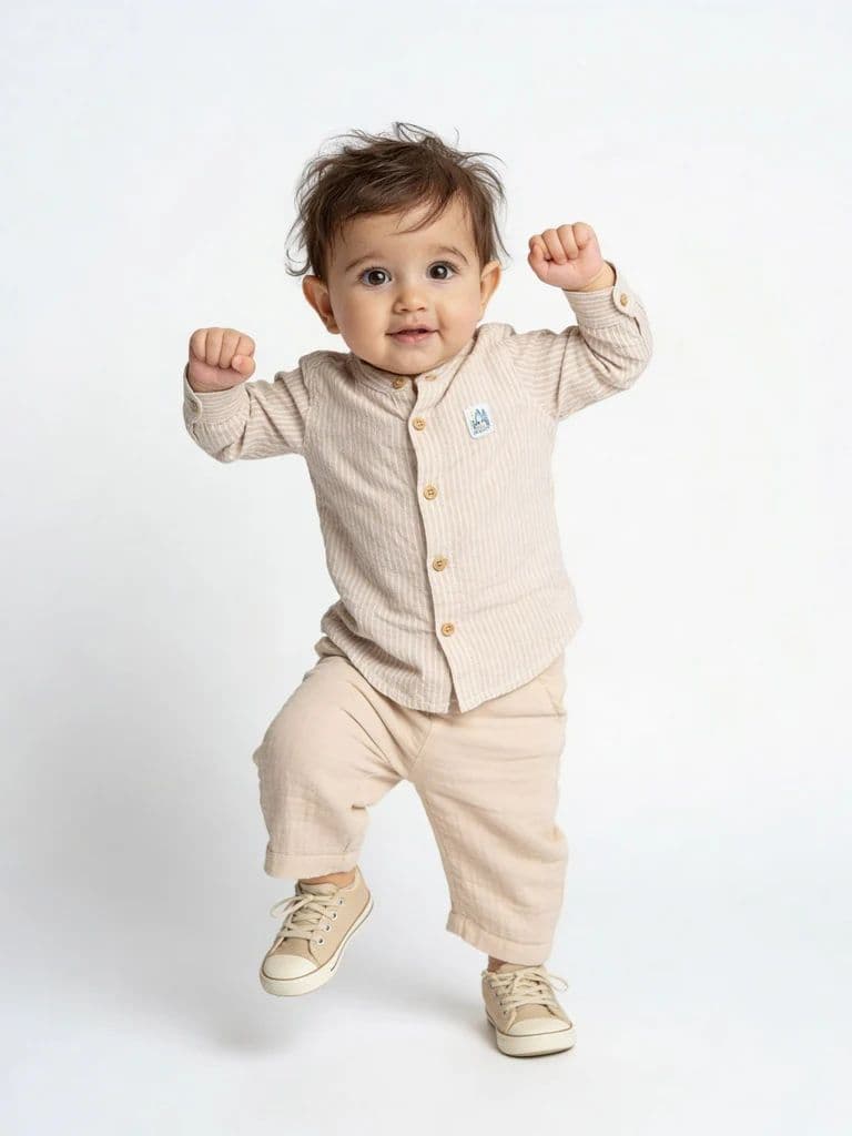 HOP Baby Boys Beige Striped Cotton Shirt and Pants Set