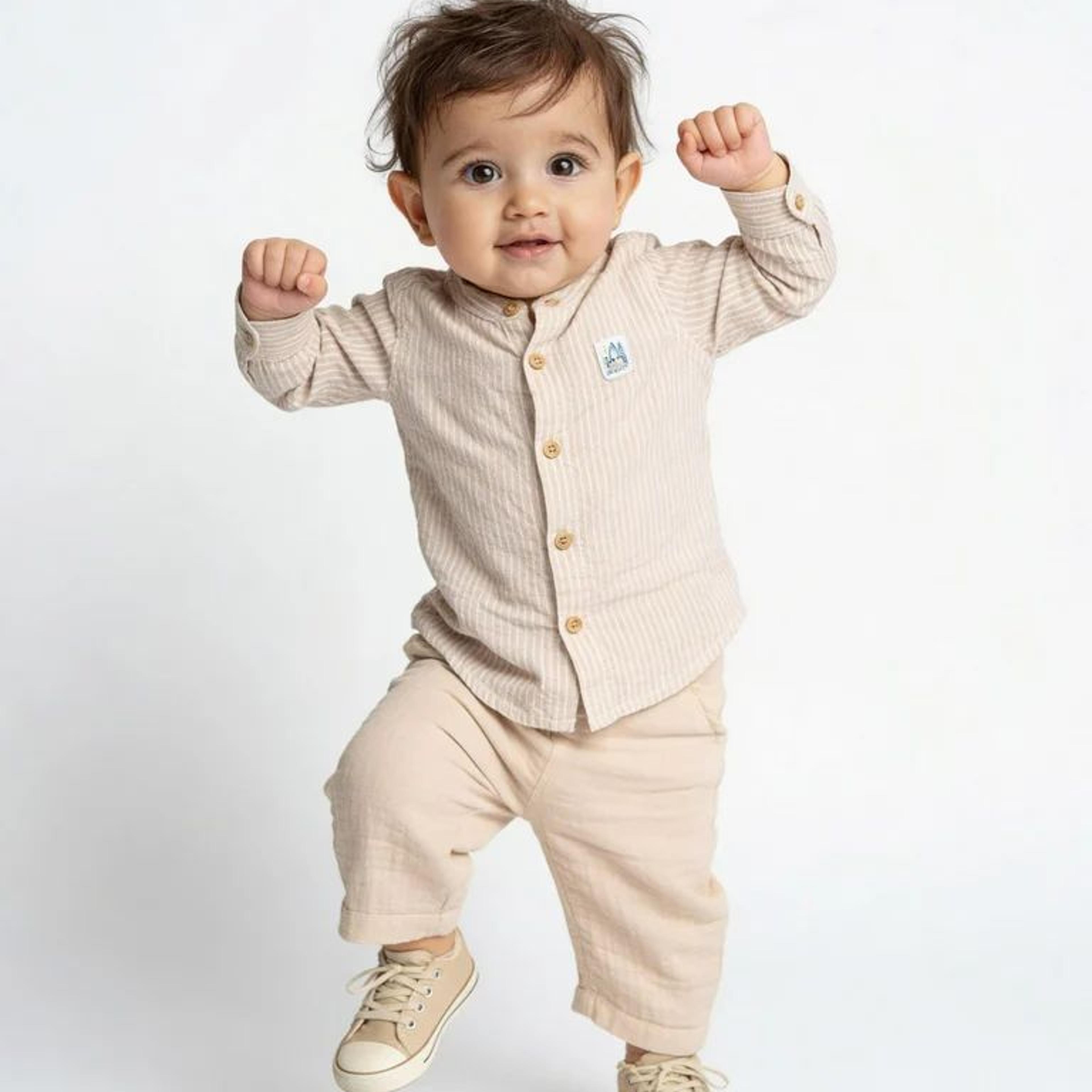 HOP Baby Boys Beige Striped Cotton Shirt and Pants Set