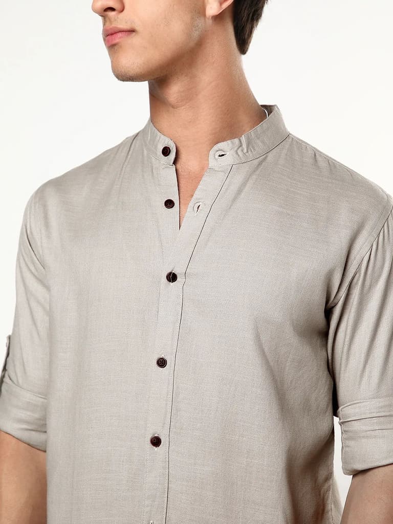Men's Grey Linen Blend Full Sleeve Relaxed Fit Mandarin Collar Casual Solid Shirt — photo 6