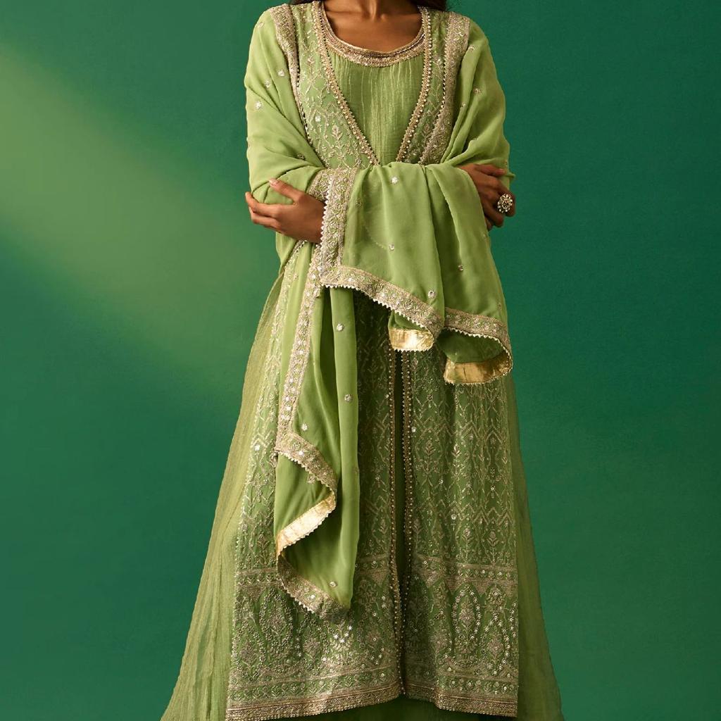 Green Embroidered Anarkali Dress with Churidar and Dupatta Set