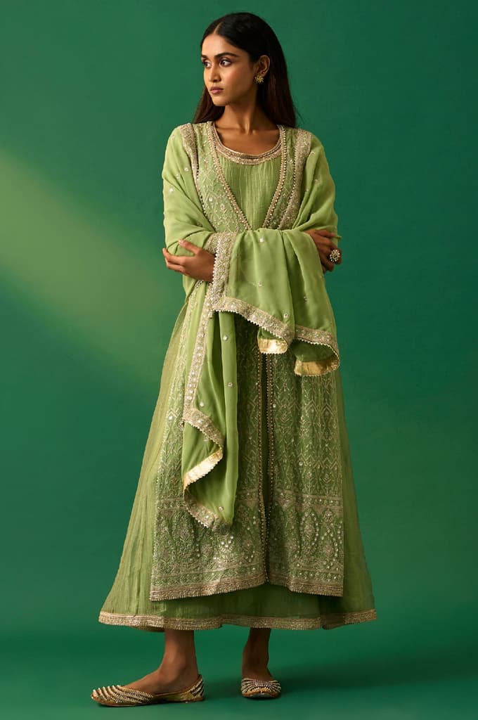 Green Embroidered Anarkali Dress with Churidar and Dupatta Set — XS