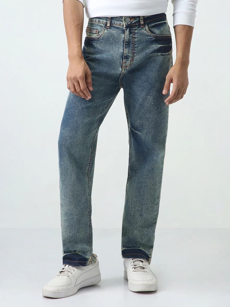 Men's Light Blue Straight Fit Heavy Washed Jeans Stretchable — photo 2