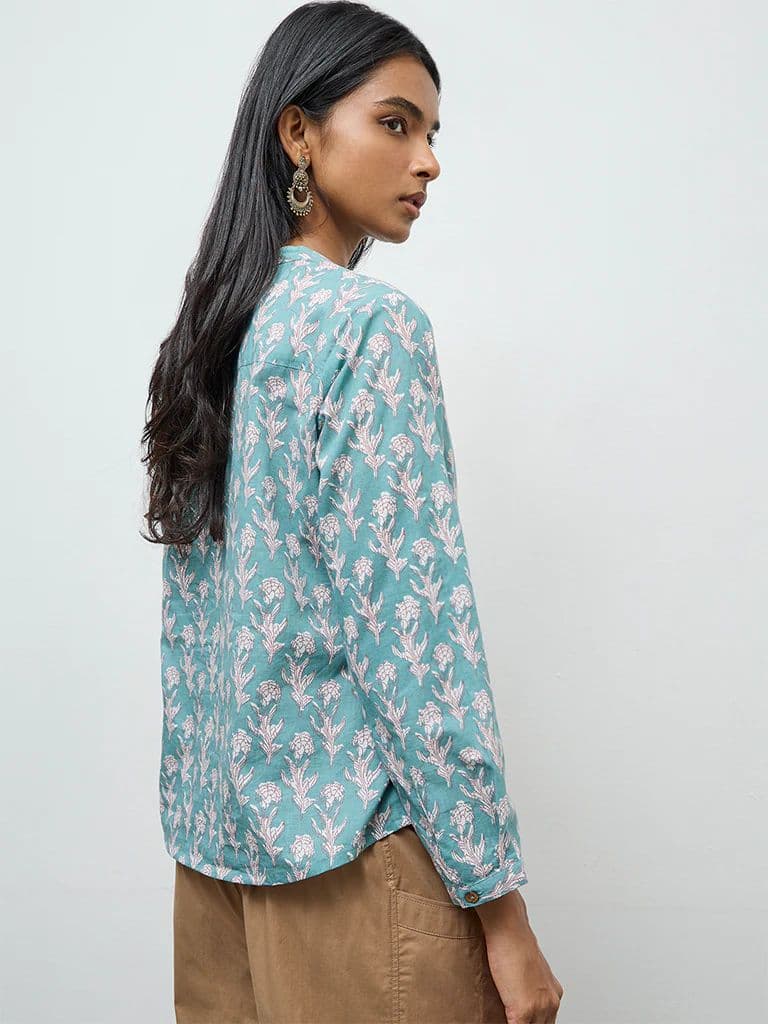 Utsa Aqua Floral Printed Cotton Tunic — photo 4