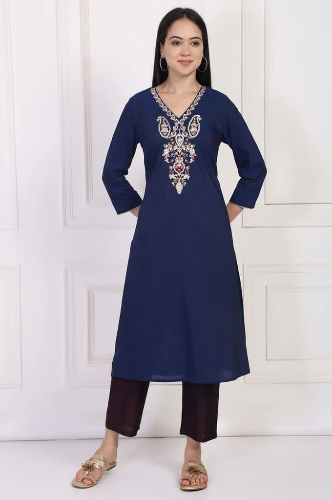 Navy Blue Embroidered A-Line Rayon Kurta — photo 2