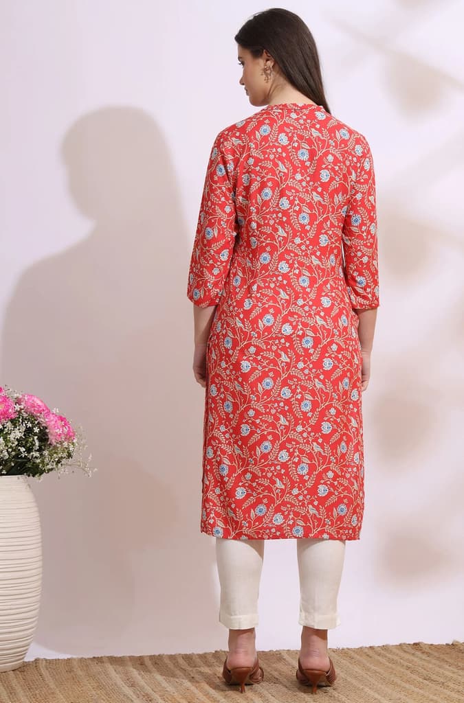Orange Bold Floral Printed Cotton Cambric Straight Kurta — photo 6