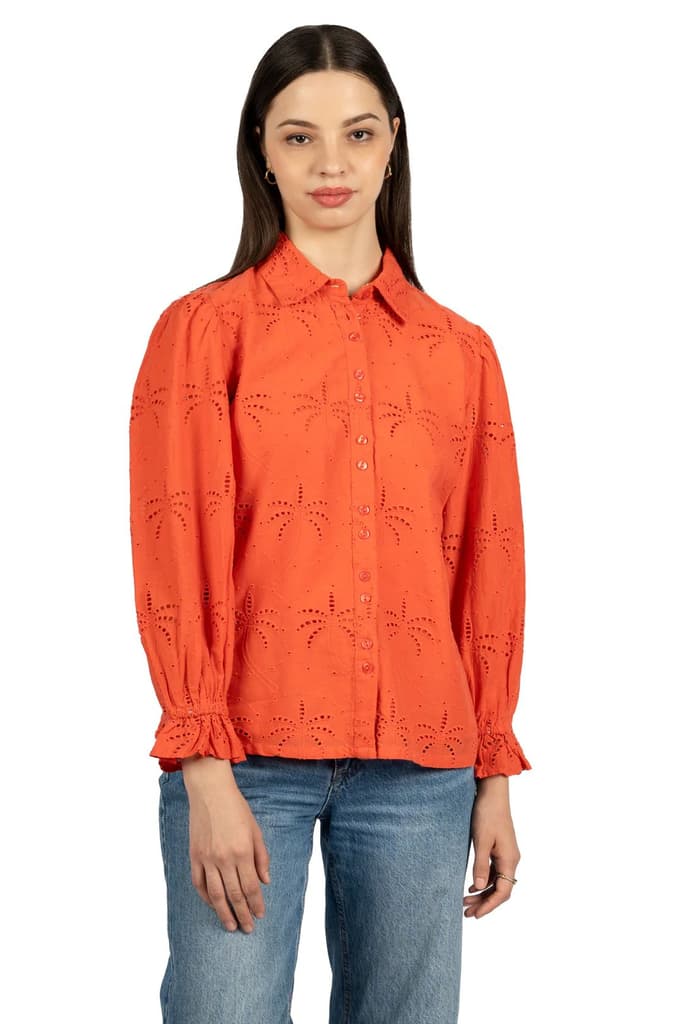 Red Solid Cotton Schiffli Collared Shirt — photo 4