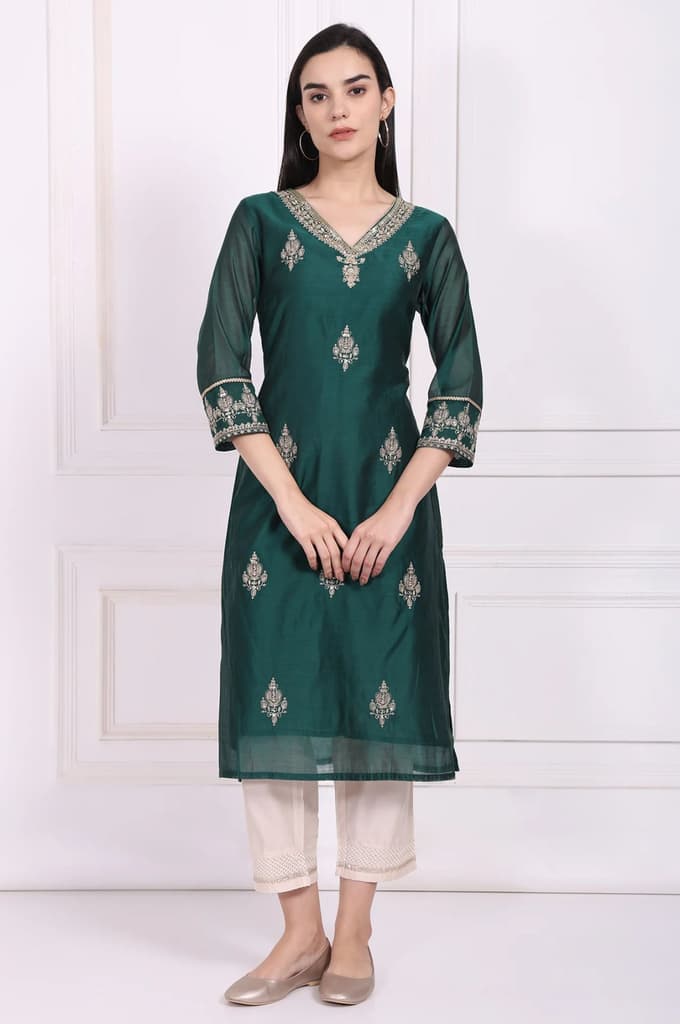 Green Embroidered Straight Kurta — photo 2