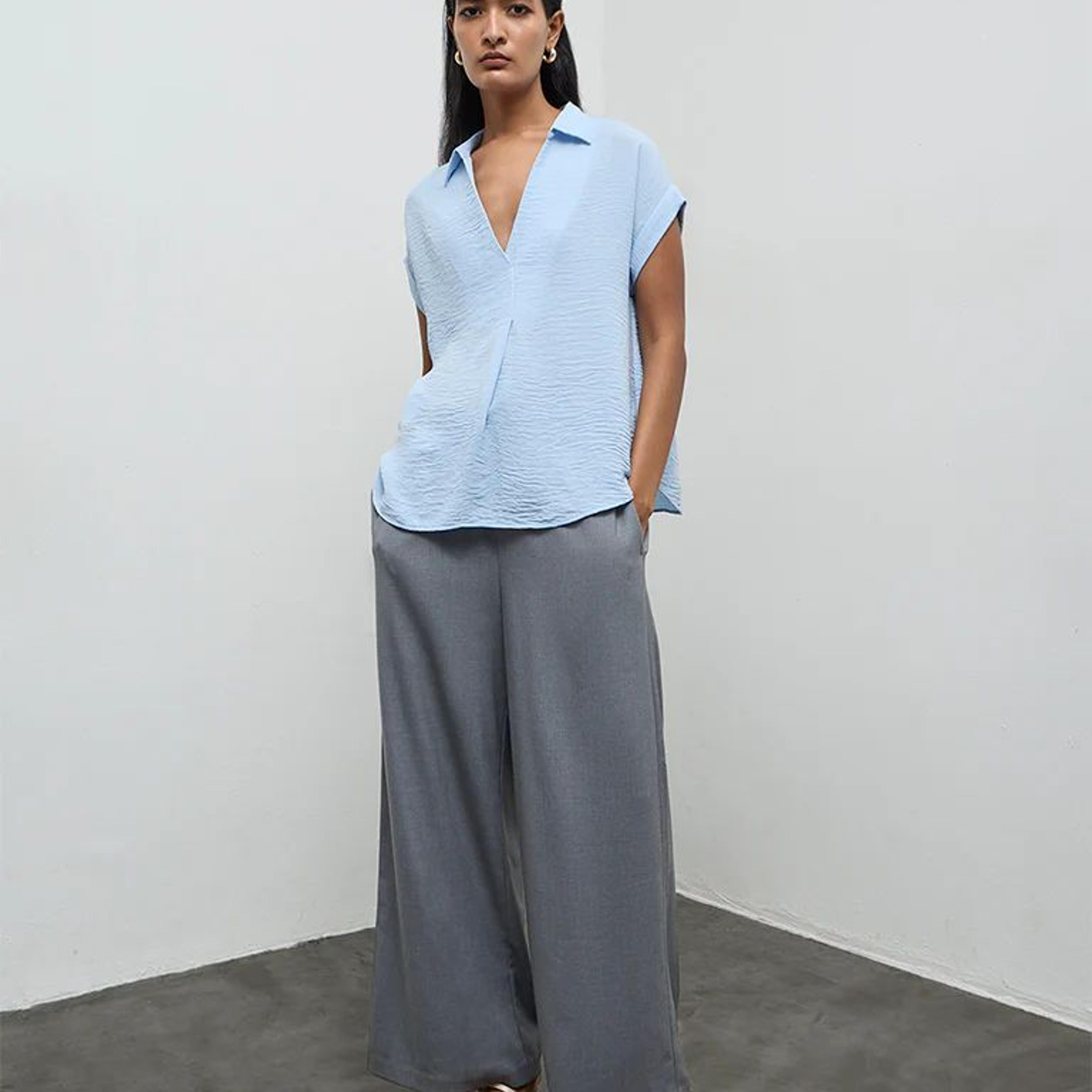 Wardrobe Light Blue Crinkle-Textured Blouse