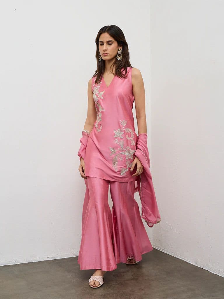 Vark Pink Floral Embroidered A-Line Ethnic Set — photo 2