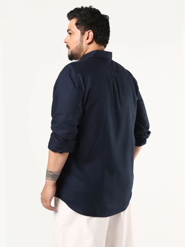 Plus Men's Navy Linen Blend Full Sleeve Relaxed Fit Casual Solid Shirt — photo 3