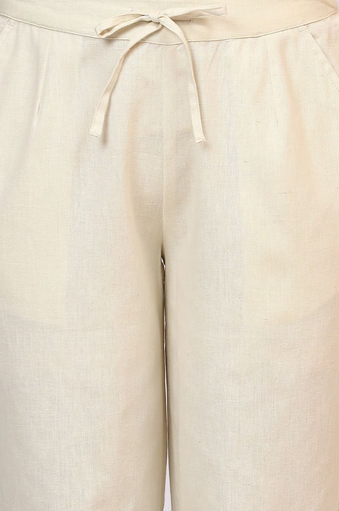Off-White Solid Cotton Flax Straight Pants with Embroidered Hemline — photo 7