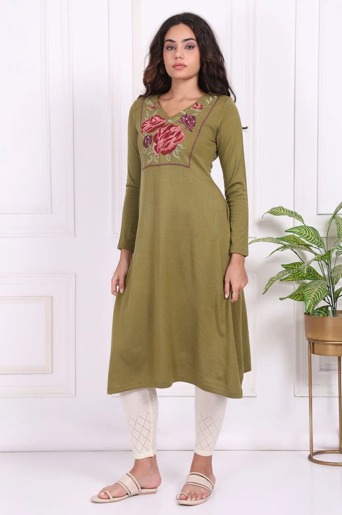 Olive Embroidered Floral Straight Acrylic Kurta — photo 3