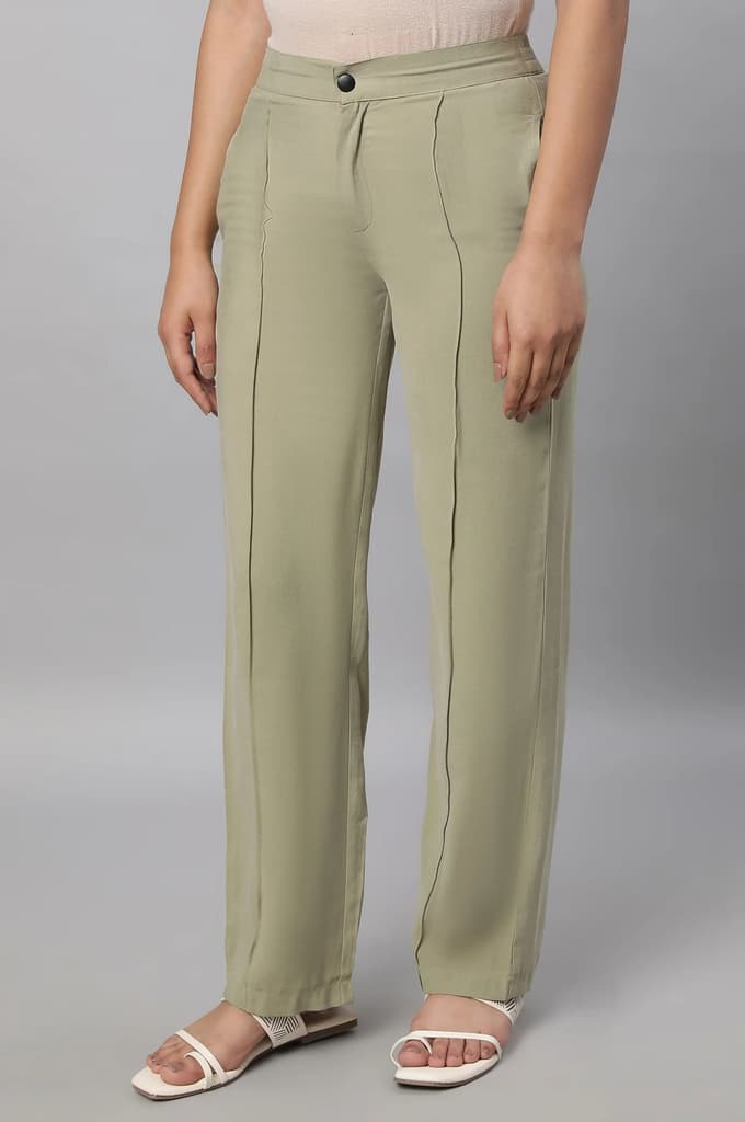 Muted Sage Green Solid Straight Fit Woven Pants With Pintuck Detail — photo 3
