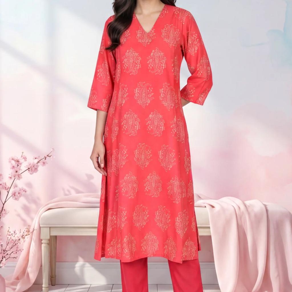 Red Foil Floral Printed Pure Cotton Flared Kurta
