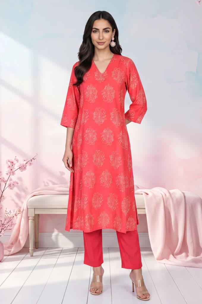 Red Foil Floral Printed Pure Cotton Flared Kurta — XS