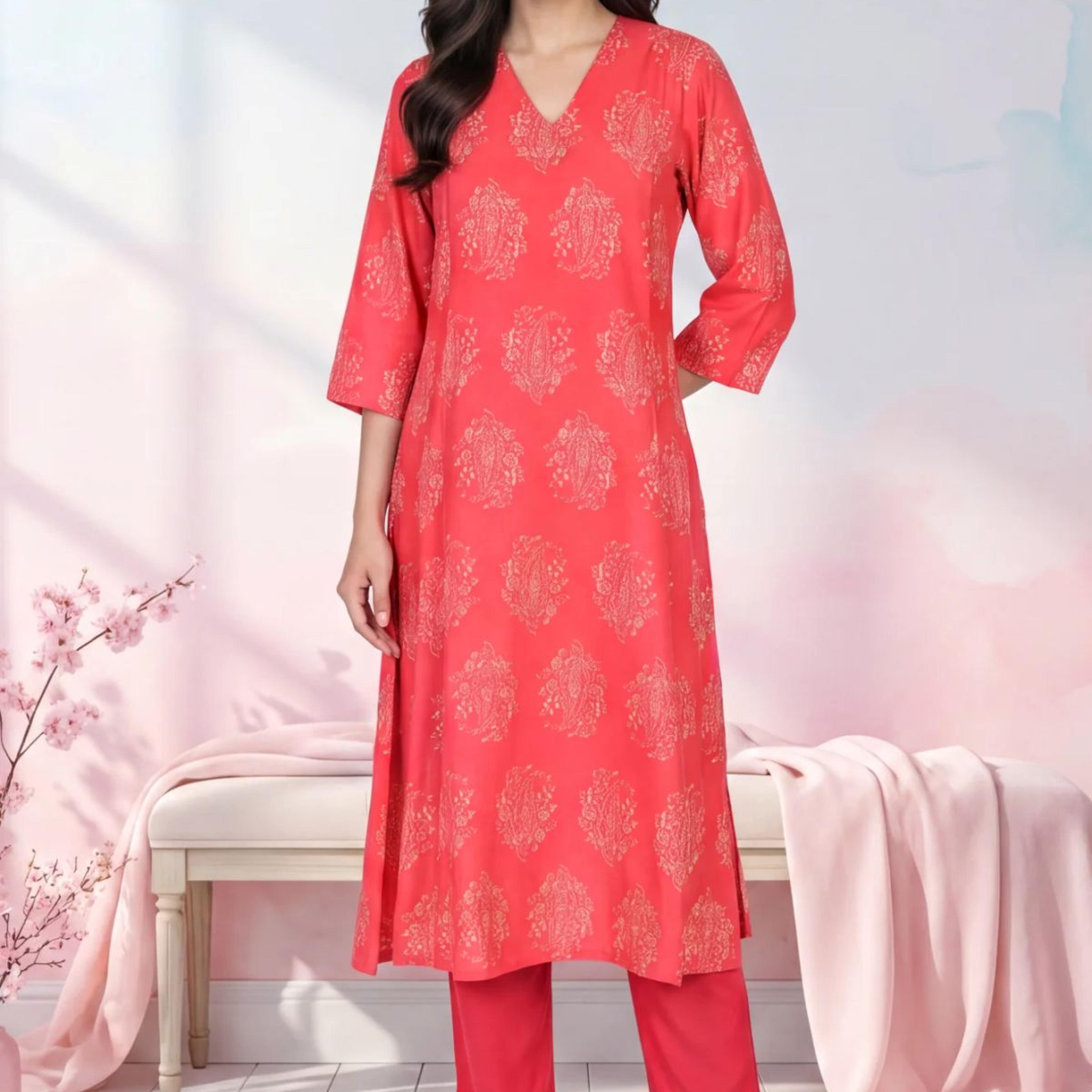 Red Foil Floral Printed Pure Cotton Flared Kurta