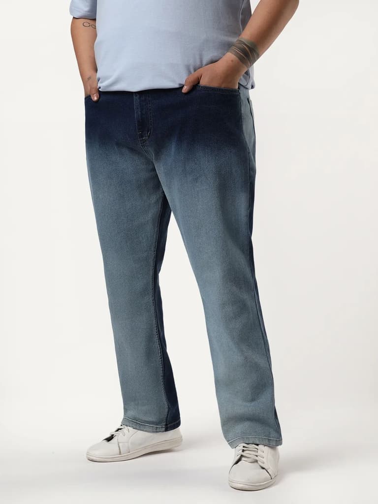 Plus Men's Blue Straight Fit Heavy Washed Faded Denim Jeans Stretchable — photo 3