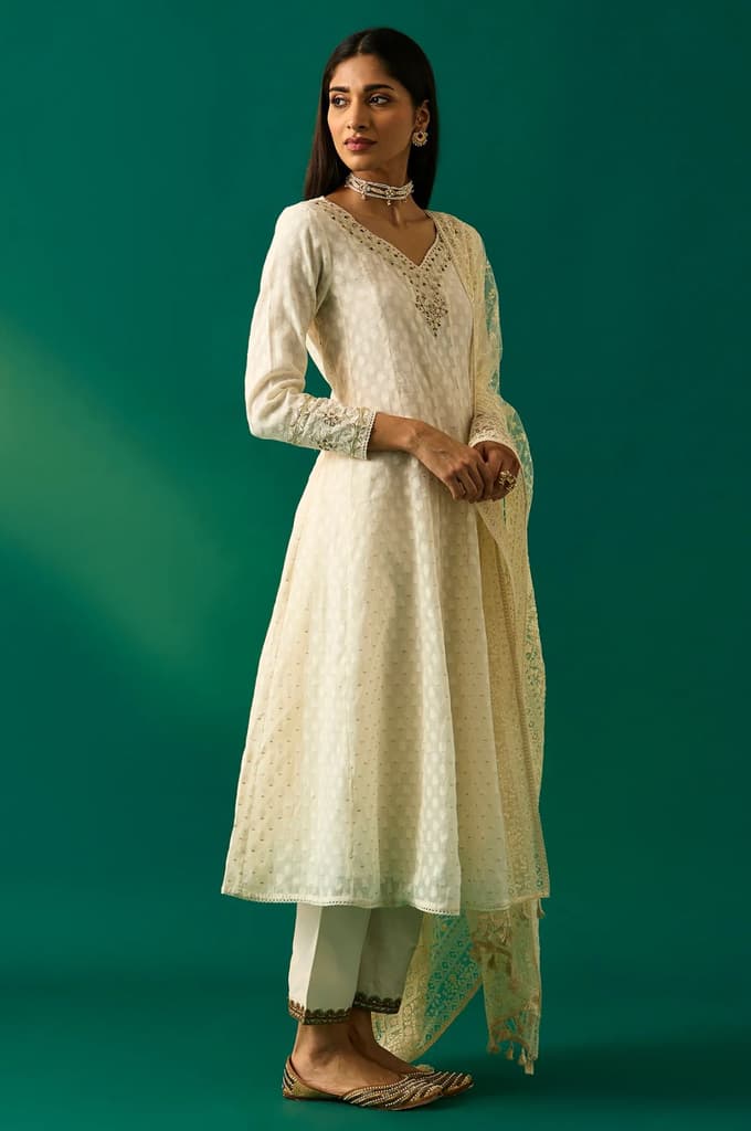 Off-White Embroidered Anarkali Cotton Kurta with Straight Pants and Dupatta Set — photo 5