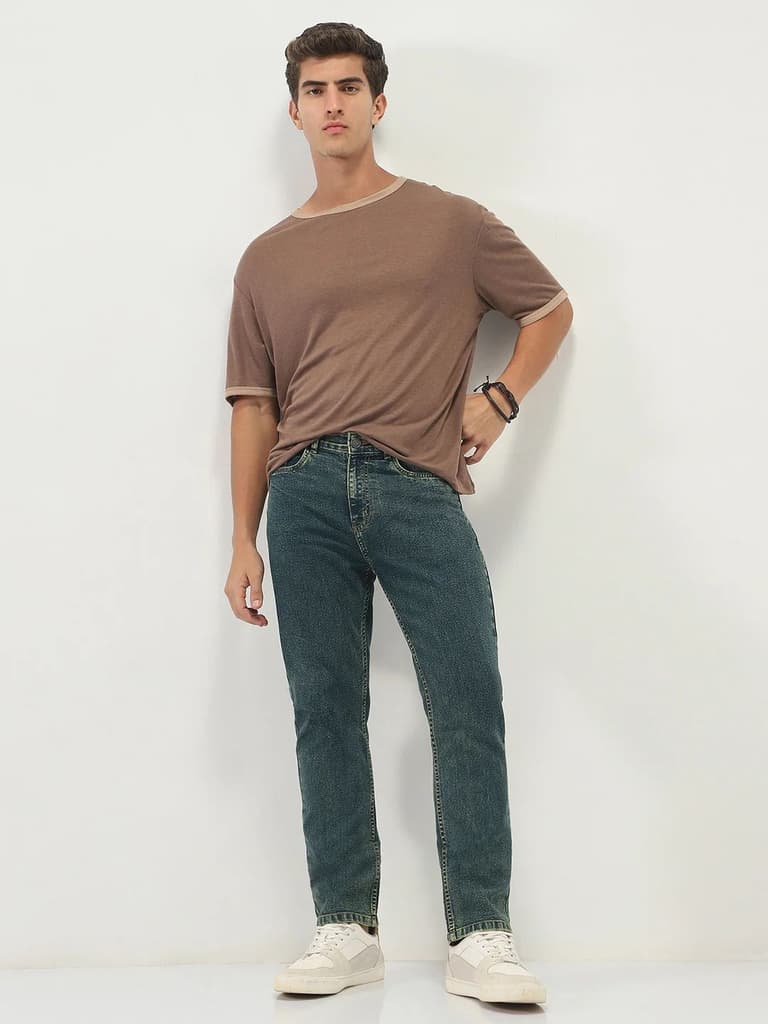 Men's Blue Straight Fit Heavy Washed Jeans Stretchable — photo 4