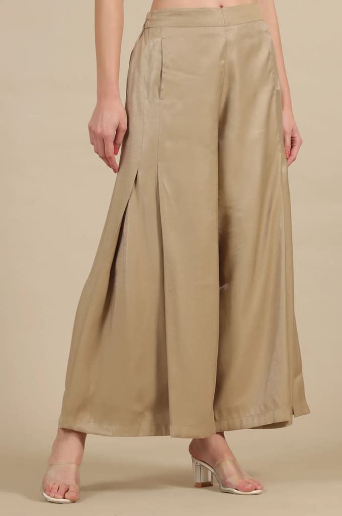 Gold Solid Flared Rayon Palazzo With Pleated Detail — photo 4