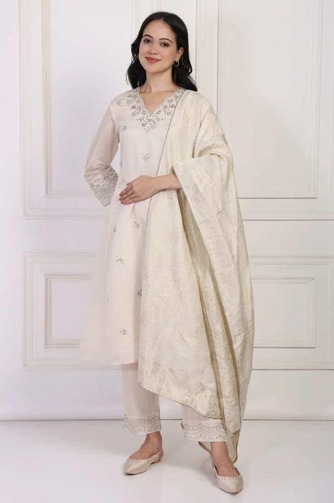 Off-White Embroidered A-Line Kurta with Straight Pant and Dupatta Set — photo 2