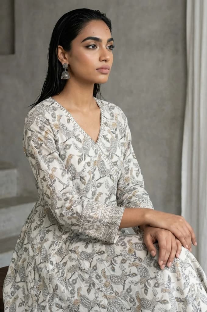 Off White Block Printed Pure Cotton Angrakha Kurta — photo 2