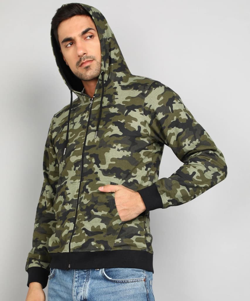 Men's Khaki Green Regular Fit Camouflage Printed Full Sleeve Casual Hooded Sweatshirt — photo 4
