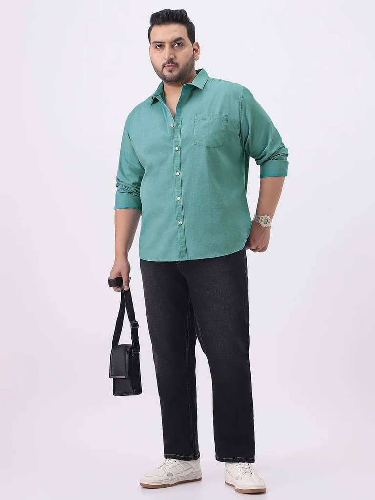Plus Men's Light Teal Cotton Full Sleeve Regular Fit Casual Solid Slub Shirt with Spread Collar — photo 4