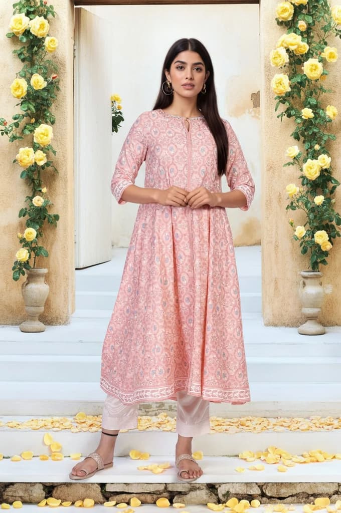 Pink Floral Ethnic Printed Embellished A-Line Rayon Kurta — photo 2