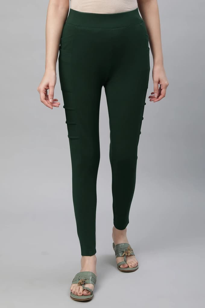 Bottle Green Solid Skinny Fit Tights With Side Pockets