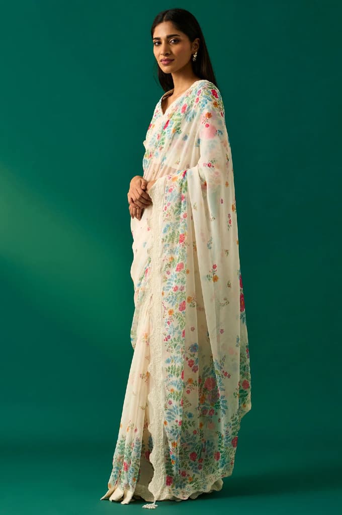 Off-White Floral Printed Embroidered Georgette Saree with Unstitched Blouse — photo 4