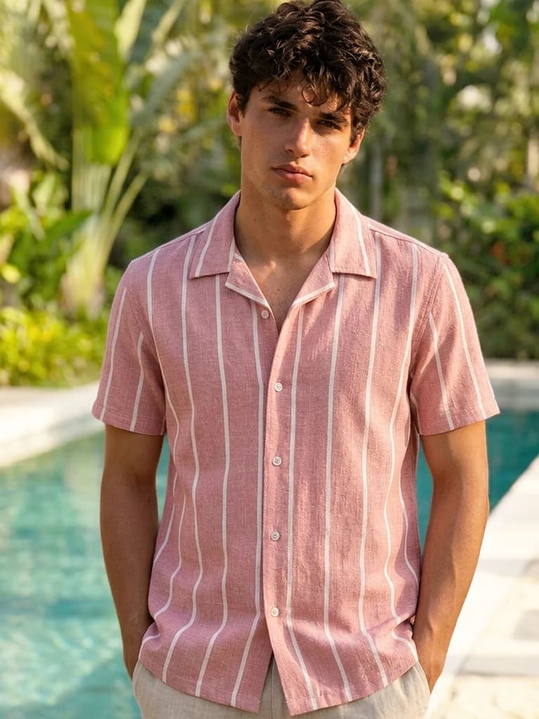 Men's Pink Cotton Half Sleeve Relaxed Fit Linen Striped Shirt with Cuban Collar