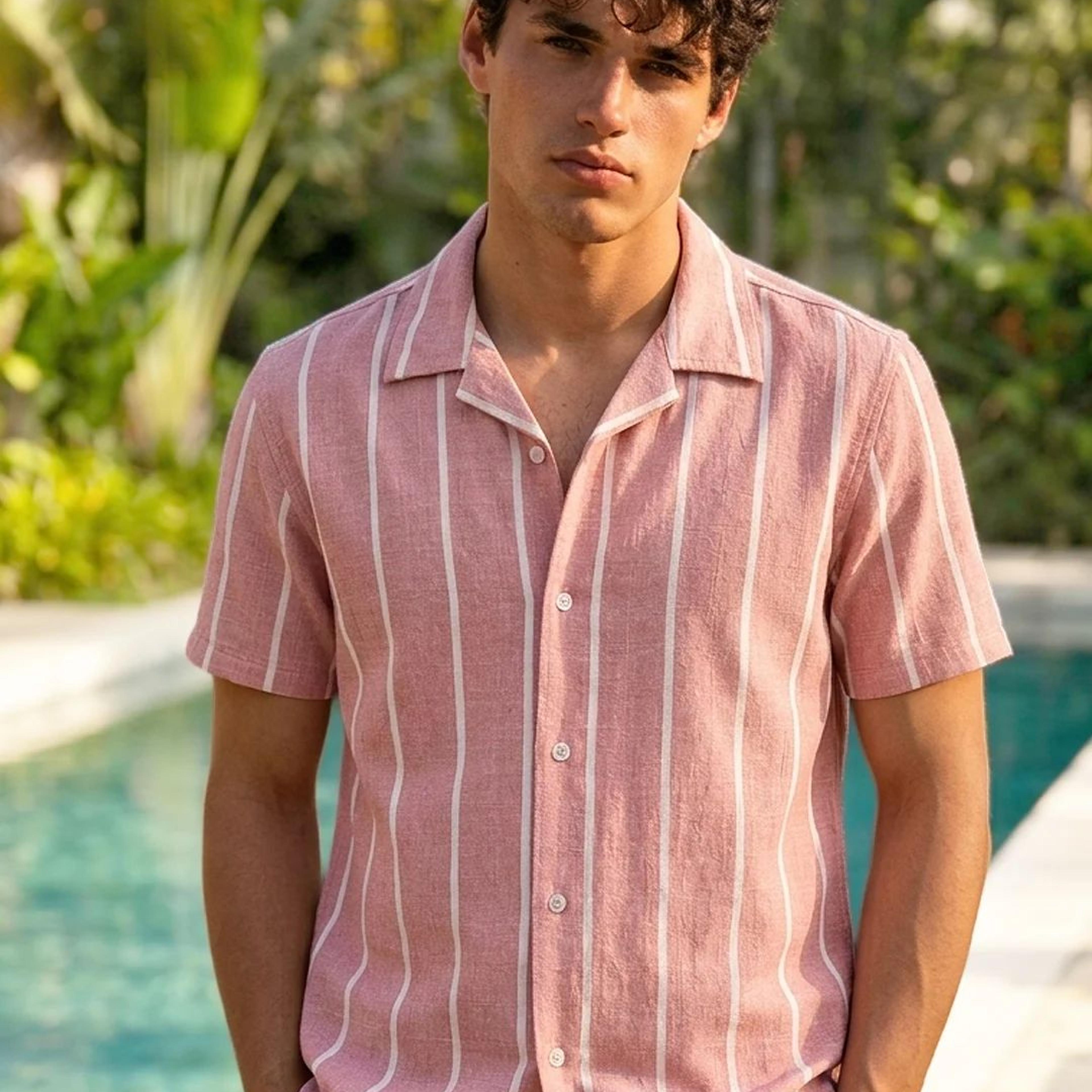 Men's Pink Cotton Half Sleeve Relaxed Fit Linen Striped Shirt with Cuban Collar