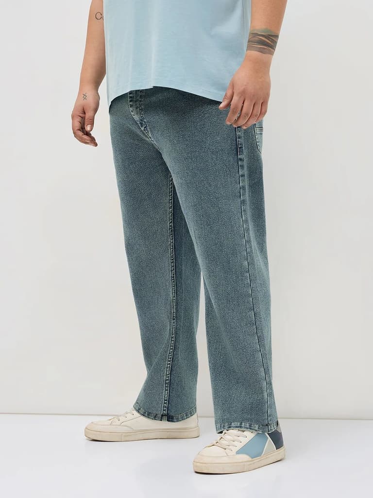 Plus Men's Ice Blue Regular Fit Towel Washed Yellow Tint Denim Jeans Stretchable — photo 2