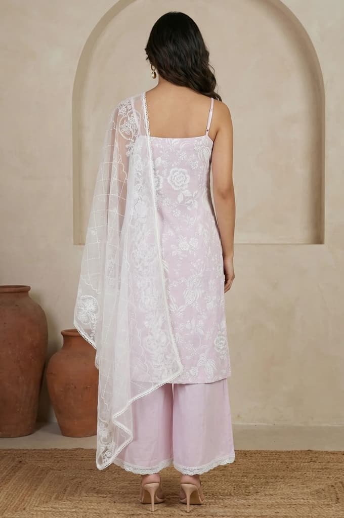 Lavender Floral Printed Pure Cotton Noodle Straps Straight Kurta with Palazzo and Dupatta Set — photo 5
