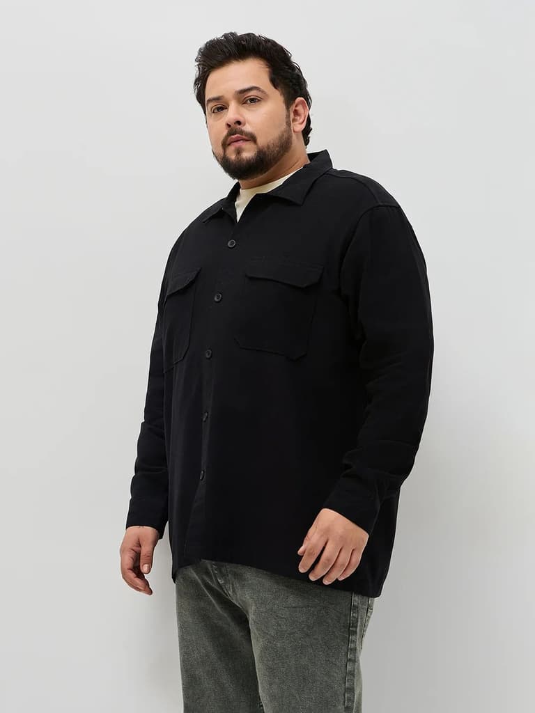 Plus Men's Black Cotton Full Sleeve Relaxed Fit Shacket with Utility Pockets — photo 2