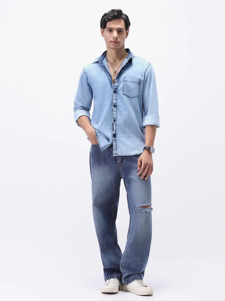 Men's Ice Blue Regular Fit Full Sleeve Washed Denim Shirt — photo 4