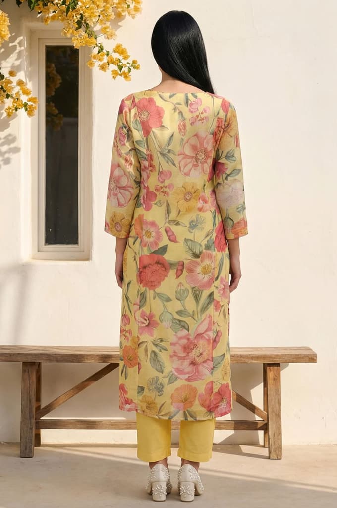 Yellow Floral Printed Sequins Straight Kurta — photo 2