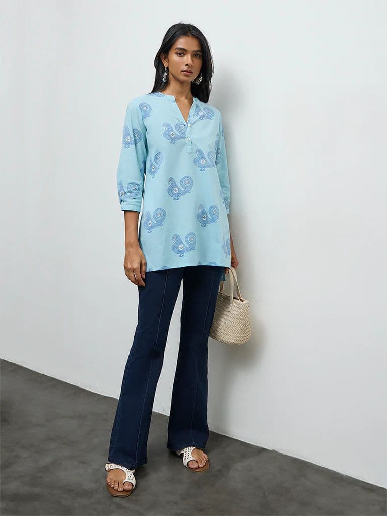 Utsa Turquoise Printed Cotton-Blend Kurti — photo 2
