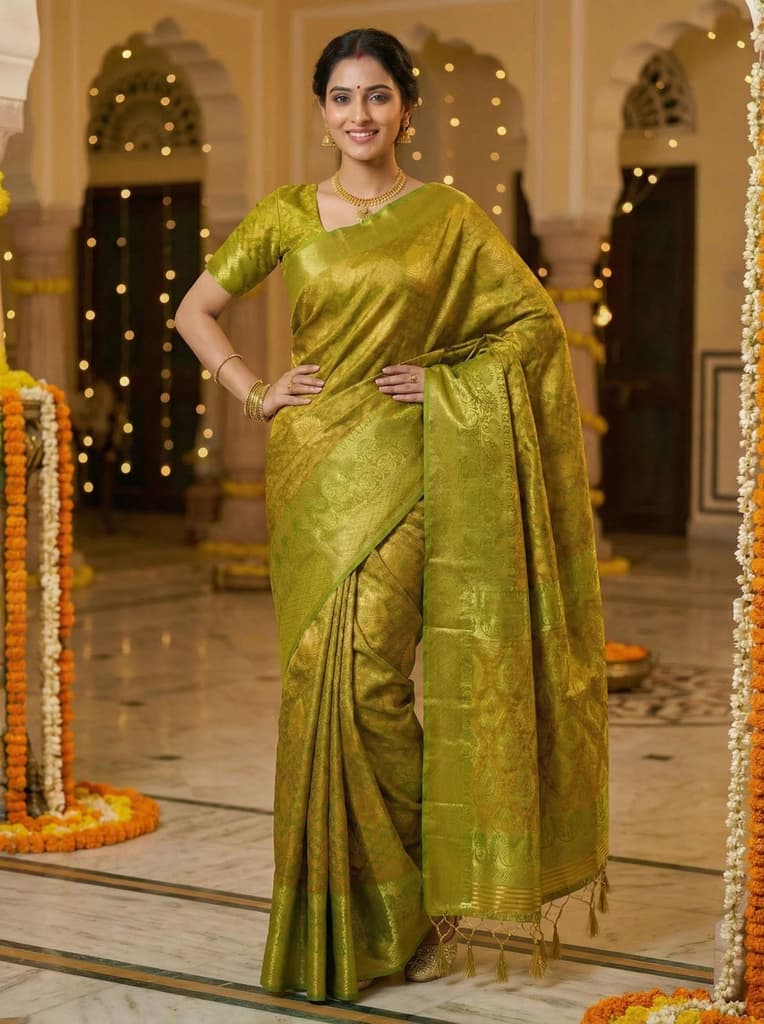 MIMOSA Women's Woven Design Kanjivaram Style Art Silk Saree with Blouse Piece - Olive ( SA00003144OLFREE ) — photo 2