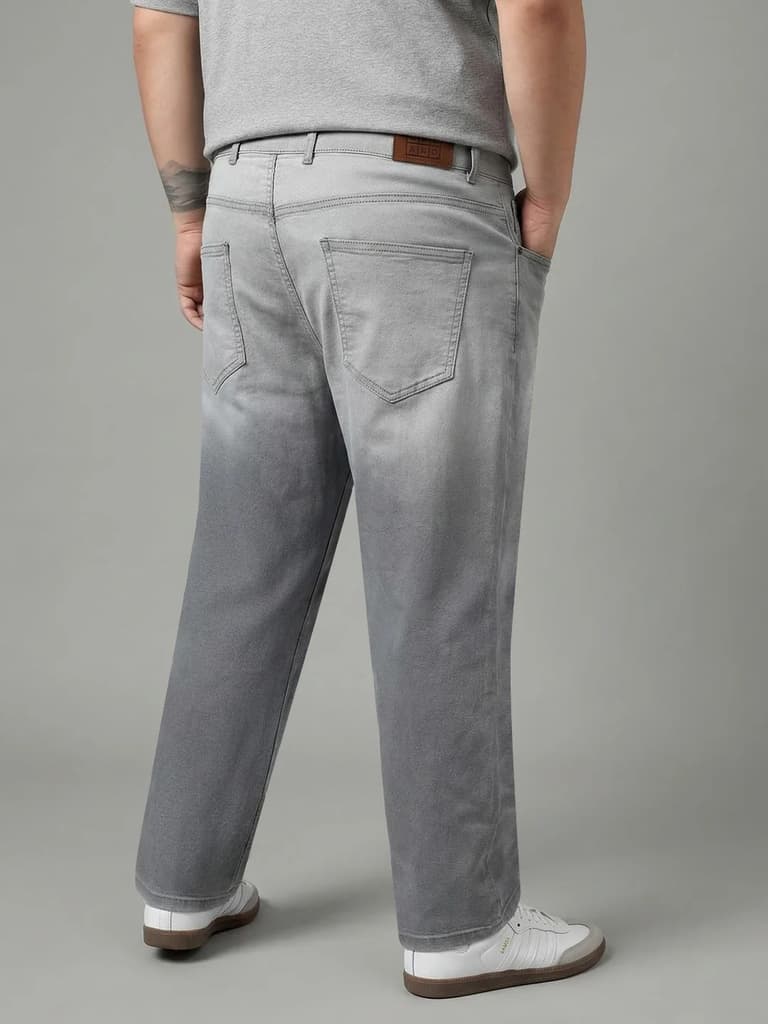 Plus Men's Ice Grey Straight Fit Heavy Washed Faded Denim Jeans Stretchable — photo 3
