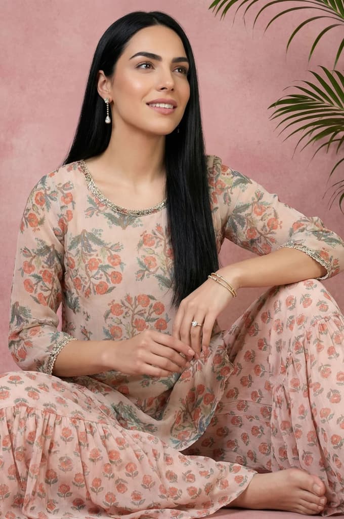 Beige Floral Printed Lace Straight Kurta with Sharara and Dupatta Set — photo 3