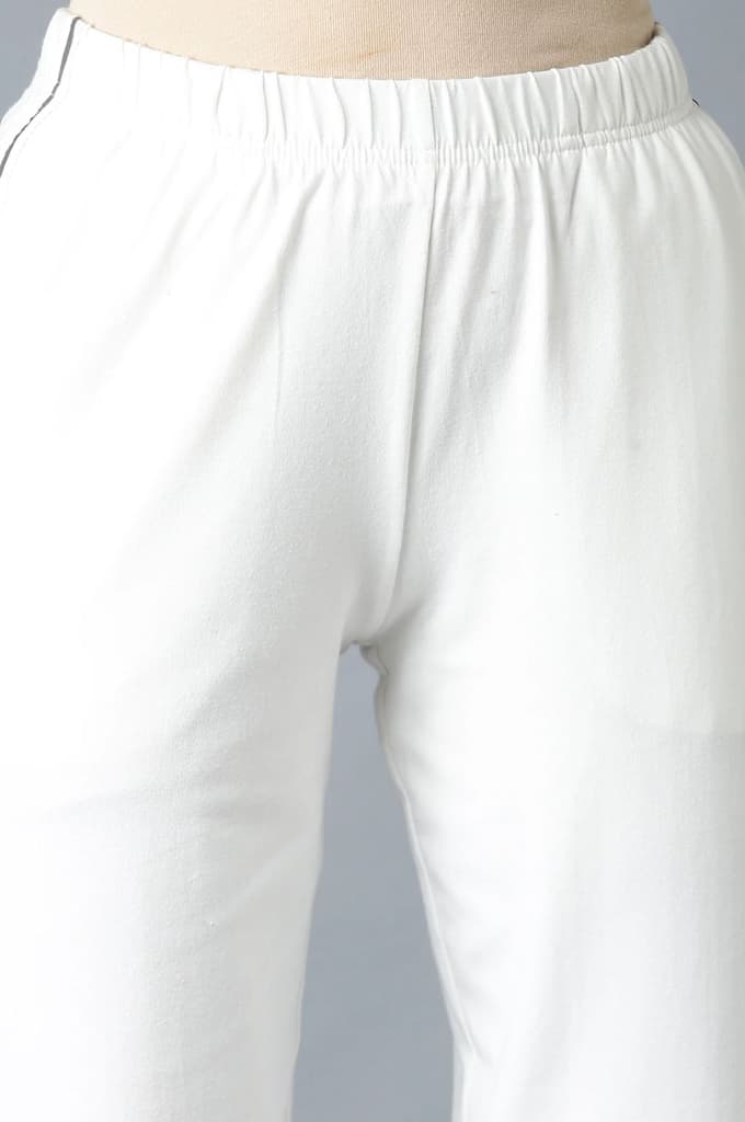 White Solid Straight Fit Cotton Pants With Elasticated Waistband — photo 6