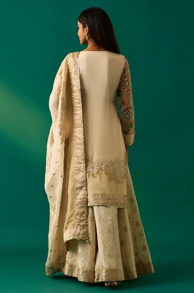 Beige Embroidered Straight Tissue Kurta with Sharara and Dupatta Set — photo 4