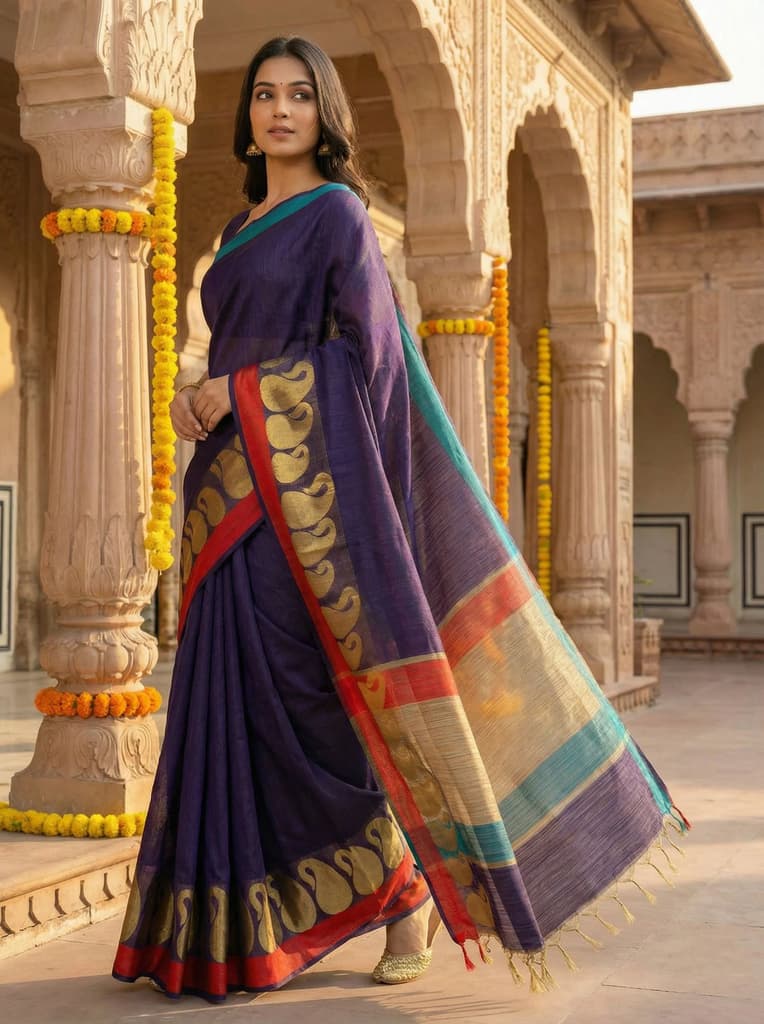 MIMOSA Women's Woven Design Banarasi Style Linen Saree with Blouse Piece - Navy ( SA00003151NVFREE ) — photo 3