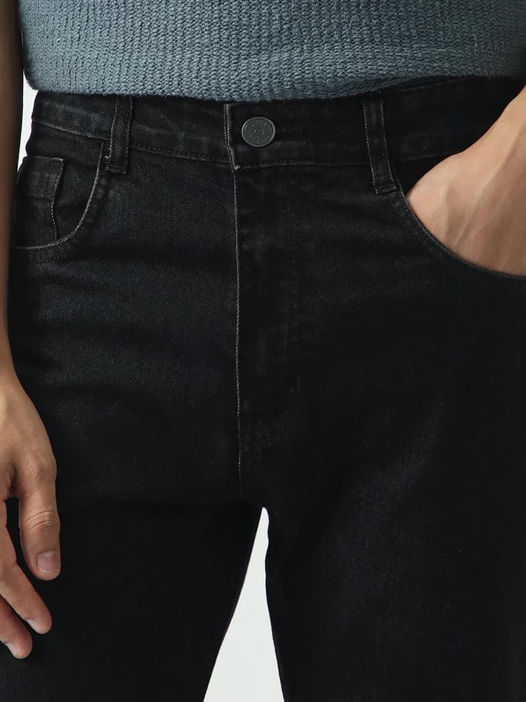 Men's Black Slim Fit Washed Denim Jeans Stretchable — photo 5