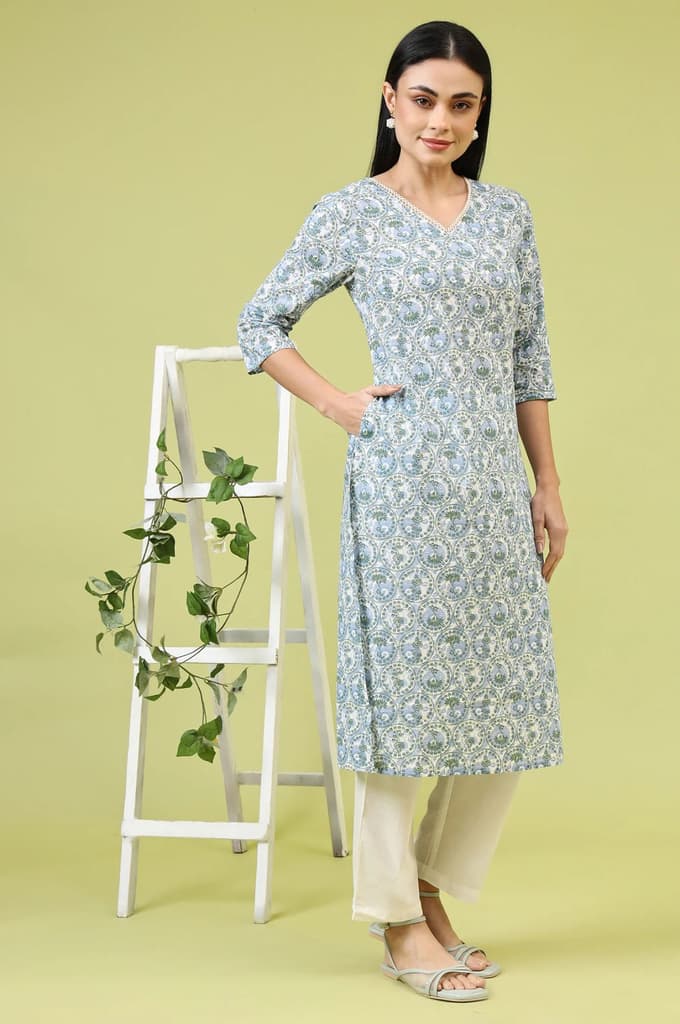 White and Blue Geometric Printed Pure Cotton Straight Kurta with Lace Detail — photo 6