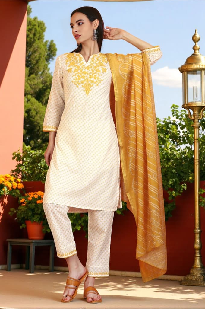 White Dot Printed Embroidered Pure Cotton Straight Kurta, Pants and Dupatta Set — XS