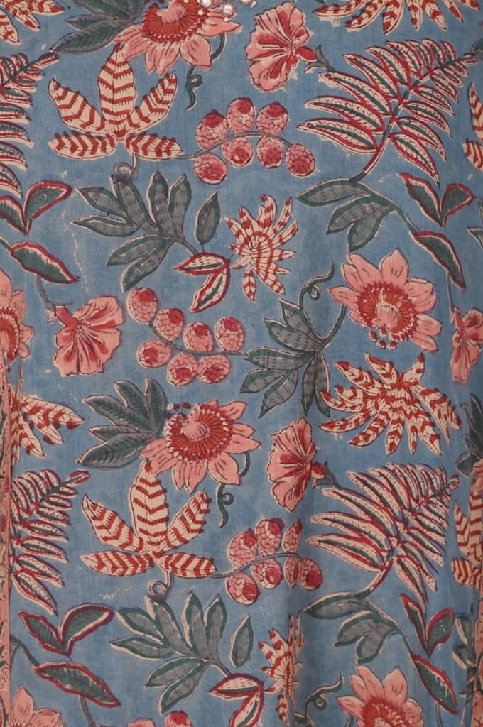 Blue Floral Printed Block Print Mirror work Pure Cotton A-line Kurta — photo 2